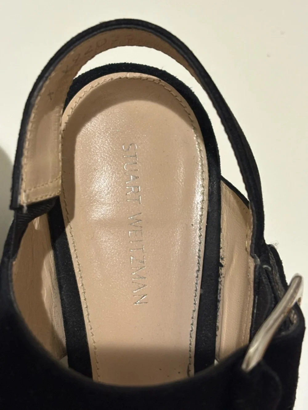 Stuart Weitzman Black Suede Wide-Strap Block Heel Sandals